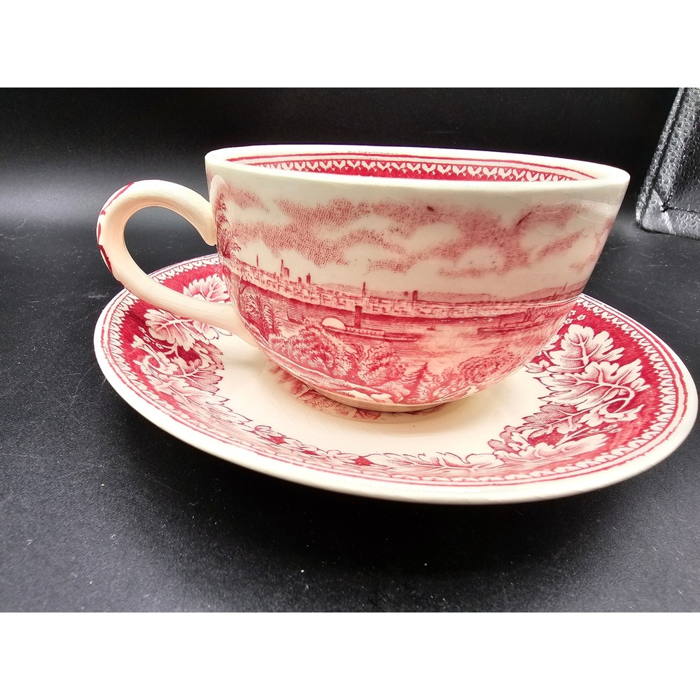 Homer Laughlin Currier & Ives Red Transferware Cup Saucer View of New York 2